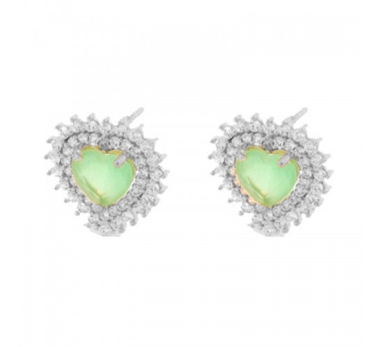 Brinco coracao pedra maior verde com zirconia cristal em volta, 13x12mm, Prata. 351606