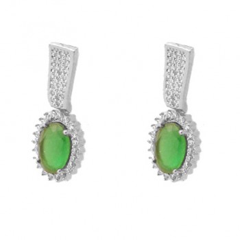 Brinco oval pedra maior verde esmeralda com zirconia cristal em volta e na haste, 20x8mm, Prata. 351609