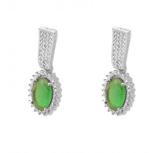 Brinco oval pedra maior verde esmeralda com zirconia cristal em volta e na haste, 20x8mm, Prata. 351609