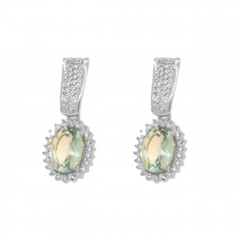 Brinco haste zirconia cristal com pedra oval agua marinha pendurada, 20x8mm, Prata. 351610