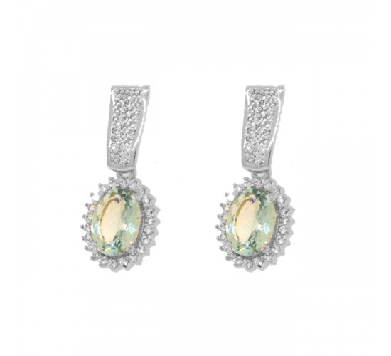Brinco haste zirconia cristal com pedra oval agua marinha pendurada, 20x8mm, Prata. 351610