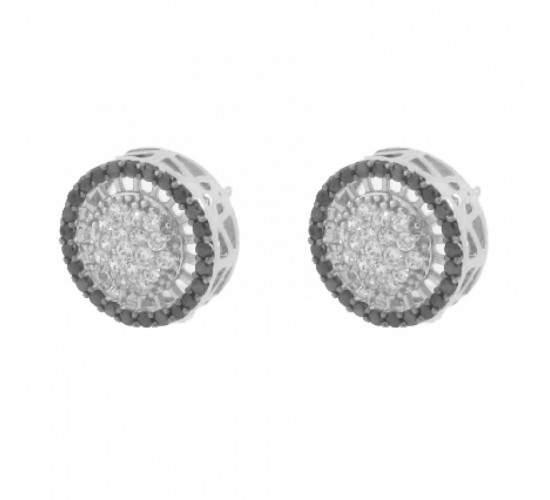 Brinco redondo vazado com zirconia cristal no centro e negra em volta. 10.5mm, prata. 351629