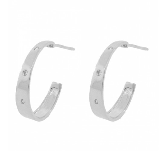 Brinco meia argola media larga lisa com 3 zirconias cristal. 20.5mm, prata. 351630