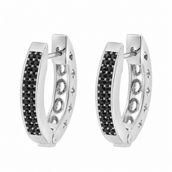 Brinco argola media oval zirconia negra forro vazado. 21mm, prata. 351649