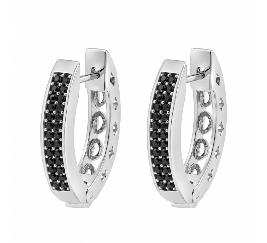 Brinco argola media oval zirconia negra forro vazado. 21mm, prata. 351649