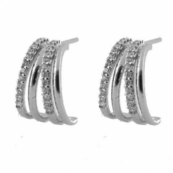 Brinco meia argola media intercalado filete liso e zirconia cristal. 12x9mm, prata. 351659