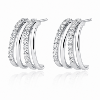 Brinco meia argola media intercalado filete liso e zirconia cristal. 12x9mm, prata. 351659