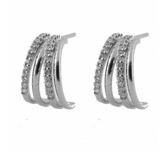 Brinco meia argola media intercalado filete liso e zirconia cristal. 12x9mm, prata. 351659