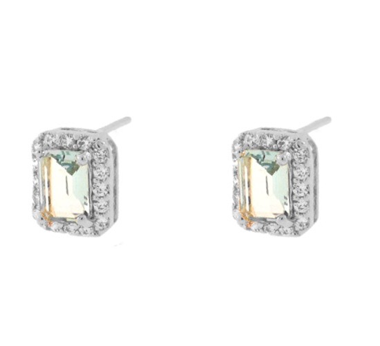 Brinco retangular pedra maior azul agua marinha com zirconia cristal em volta, 10x8mm, Prata. 351706