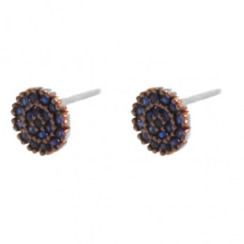 Brinco pave redondo pequeno zirconia azul safira. 6.5mm, prata. 351714