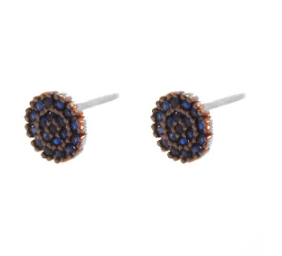 Brinco pave redondo pequeno zirconia azul safira. 6.5mm, prata. 351714