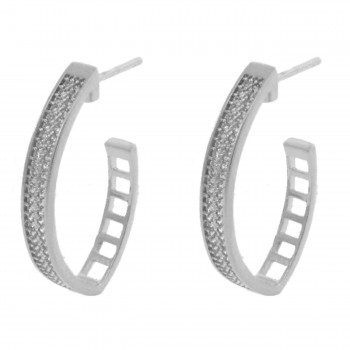 Brinco meia argola media oval zirconia cristal na frente vazada atras. 27.5mm, prata. 351717