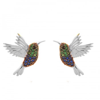 Brinco beija flor zirconia verde e azul, 17x13.5mm, Prata. 351728