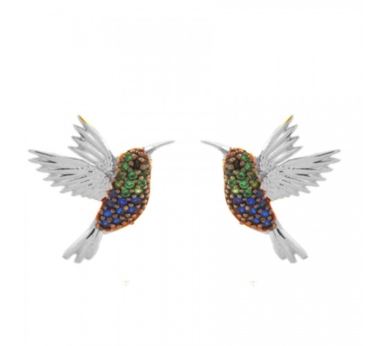 Brinco beija flor zirconia verde e azul, 17x13.5mm, Prata. 351728