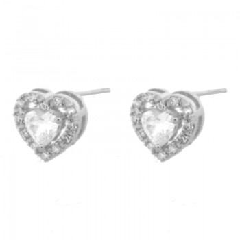 Brinco coracao cristal maior dentro zirconia cristal em volta, 8x8mm, Prata. 351730