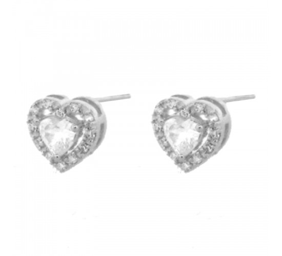 Brinco coracao cristal maior dentro zirconia cristal em volta, 8x8mm, Prata. 351730