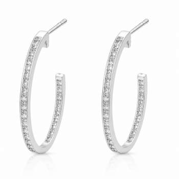 Brinco meia argola media oval zirconia cristal. 27mm, prata. 351732 