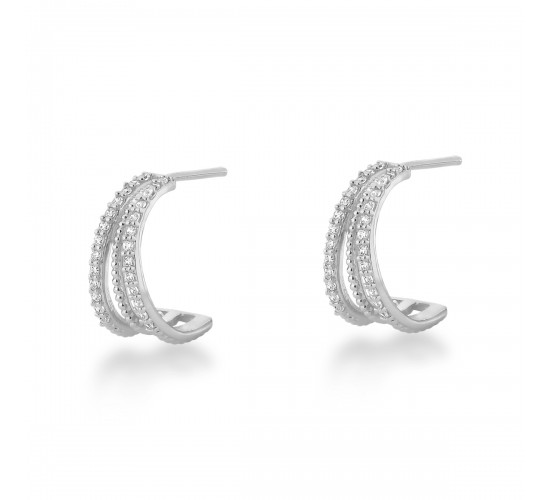 Brinco meia argola 3 fios con zirconia cristal nas laterais. 13.5x7mm, prata. 351735