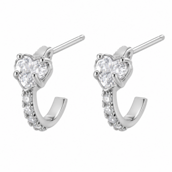 Brinco meia argola pequena com coracao zirconia branca. 10x5mm, prata. 3517390