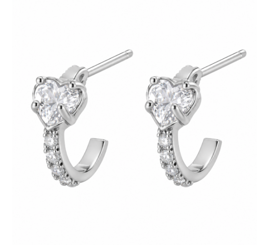 Brinco meia argola pequena com coracao zirconia branca. 10x5mm, prata. 3517390