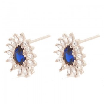 Brinco gota azul safira com navete cristal em volta, 14.5x12.5mm, Prata. 351966