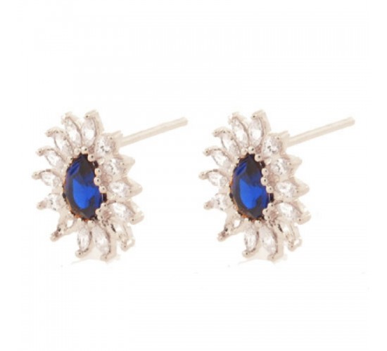 Brinco gota azul safira com navete cristal em volta, 14.5x12.5mm, Prata. 351966