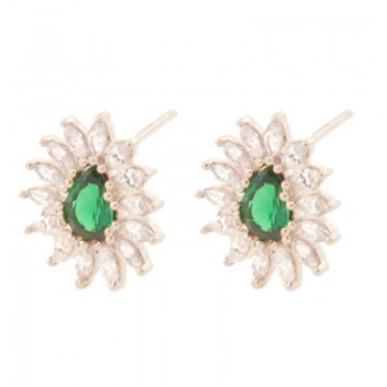 Brinco gota verde com navete cristal em volta, 14.5x12.5mm, Prata. 351969