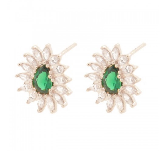 Brinco gota verde com navete cristal em volta, 14.5x12.5mm, Prata. 351969