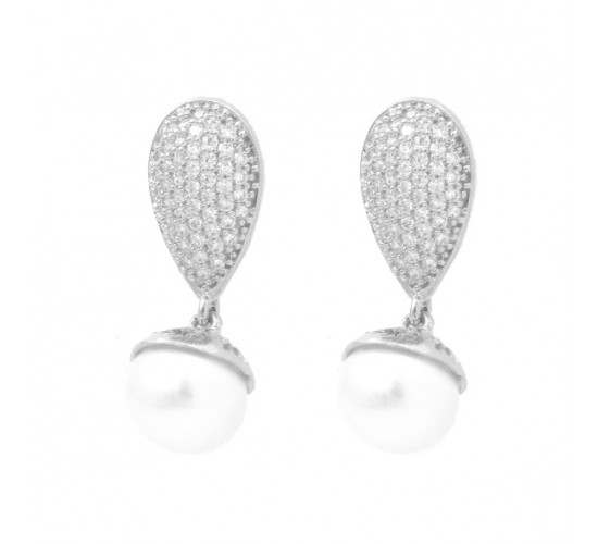 Brinco zirconia cristal com perola pendurada. 18x8.5mm, prata. 351970