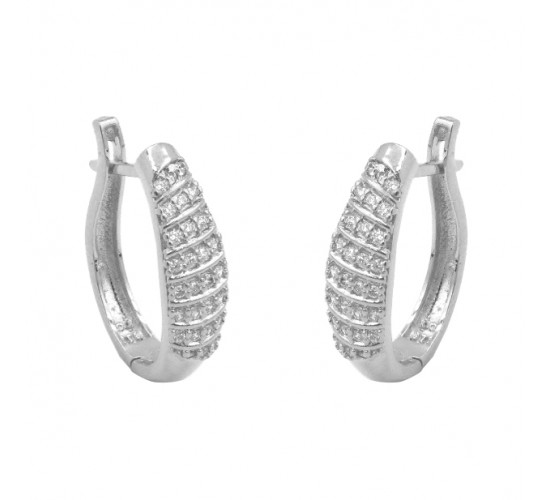 Brinco argola media ovalada com zirconias brancas em diagonal. 22mm, prata. 3519790