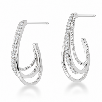 Brinco meia argola oval, 3 aros liso e zirconia cristal. 23.5mm, prata. 3520470. 