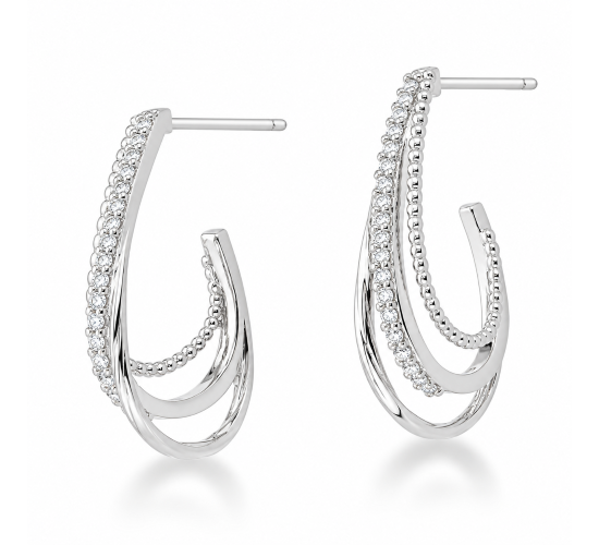 Brinco meia argola oval, 3 aros liso e zirconia cristal. 23.5mm, prata. 3520470. 