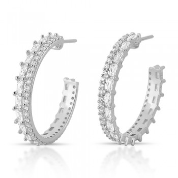 Brinco meia argola 25mm, toda com baguete e zirconia cristal, prata. 3520560