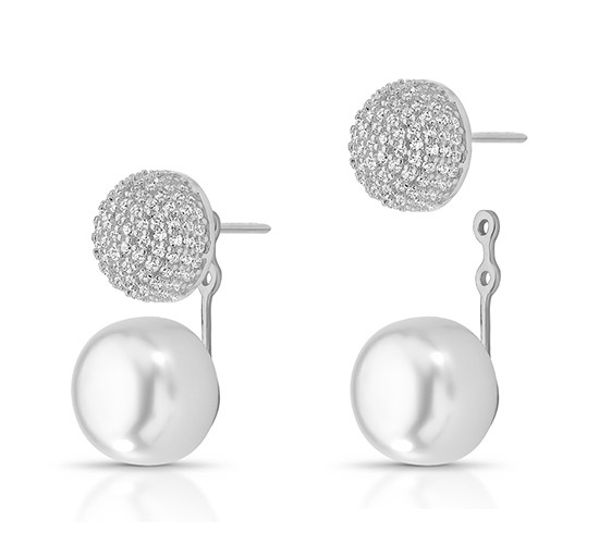 Brinco de encaixe esfera zirconia cristal e perola, Prata. 3520580