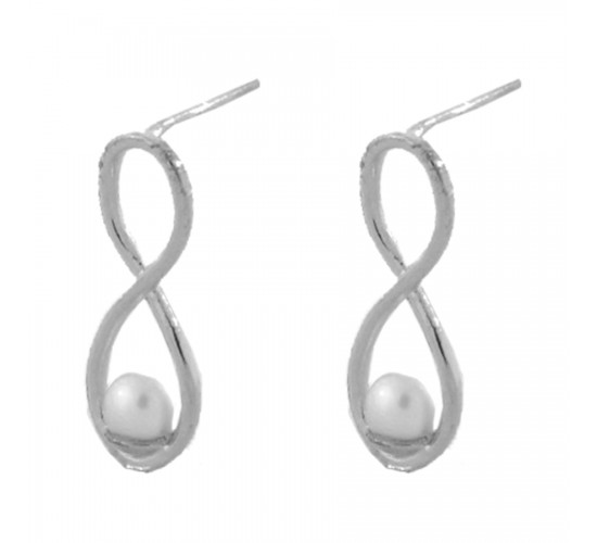 Brinco infinito liso com perola. 28.5x7.5mm, Prata. 353000