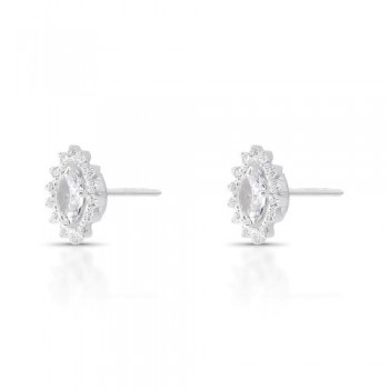 Brinco pedra maior oval zirconia cristal, zirconia cristal em volta. 10.5x8mm, prata. 3530040