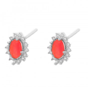 Brinco pedra maior oval vermelho rubi, zirconia cristal em volta. 10.5x8mm, prata. 3530049