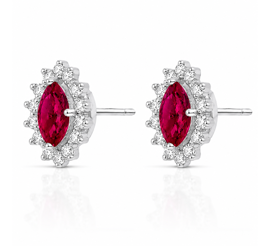 Brinco pedra maior oval vermelho rubi, zirconia cristal em volta. 10.5x8mm, prata. 3530049