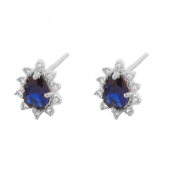 Brinco solitario gota azul safira e zirconia cristal em volta, 10x8mm, Prata. 3530052