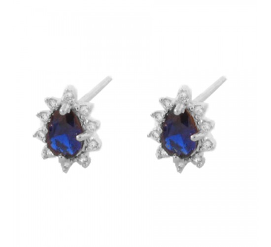Brinco solitario gota azul safira e zirconia cristal em volta, 10x8mm, Prata. 3530052
