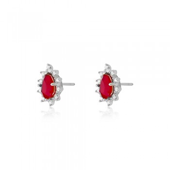Brinco gota vermelho rubi e zirconia cristal em volta, 10x8mm, Prata. 3530059