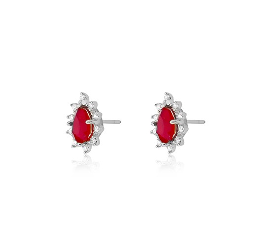 Brinco gota vermelho rubi e zirconia cristal em volta, 10x8mm, Prata. 3530059
