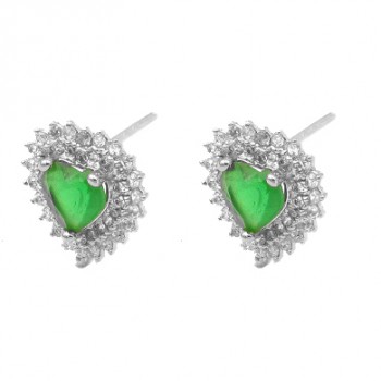 Brinco coracao verde esmeralda todo cravejado com zirconia branca, 13x12mm, Prata. 3530068