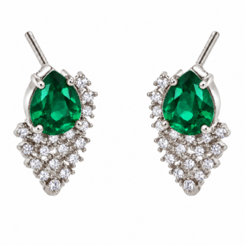 Brinco gota verde esmeralda com cascata de zirconia cristal, 16x9mm, Prata. 3530108