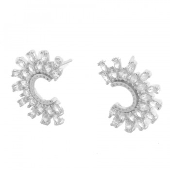 Brinco em C com navete cristal, 20x15mm, Prata. 3530130
