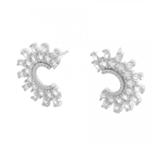 Brinco em C com navete cristal, 20x15mm, Prata. 3530130