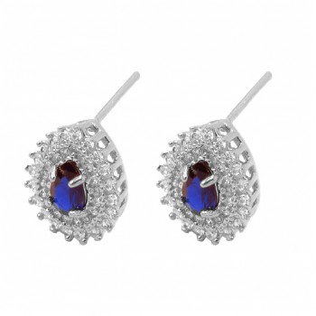 Brinco gota azul safira dentro e zirconia cristal em volta, 13x11mm, Prata. 3530172