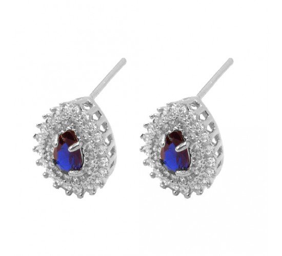 Brinco gota azul safira dentro e zirconia cristal em volta, 13x11mm, Prata. 3530172