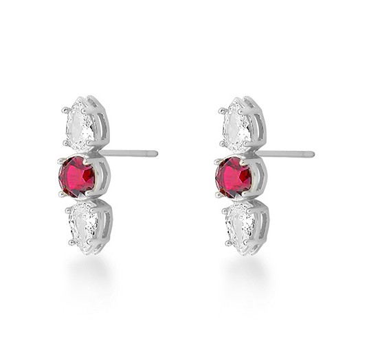 Brinco centro pedra vermelho rubi e pontas gota cristal, 20mm, Prata. 3530219