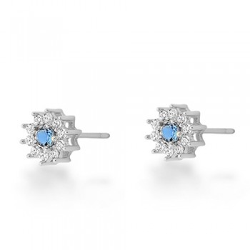 Brinco flor quepquena miolo zirconia azul e cristal em volta. 8mm, prata. 3530232